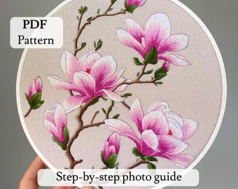 PDF embroidery pattern Magnolia, embroidered Magnolia, flower embroidery, embroidered flower, digital download, step-by-step guide