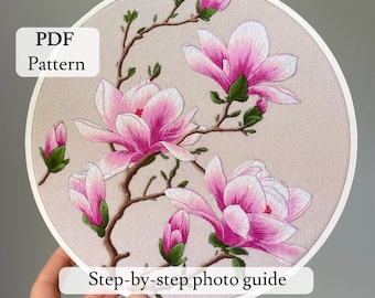 PDF Stickmuster Magnolie Blütenstickerei, botanische Stickerei, Blumenmuster, Schritt-für-Schritt Anleitung (PDF Download)