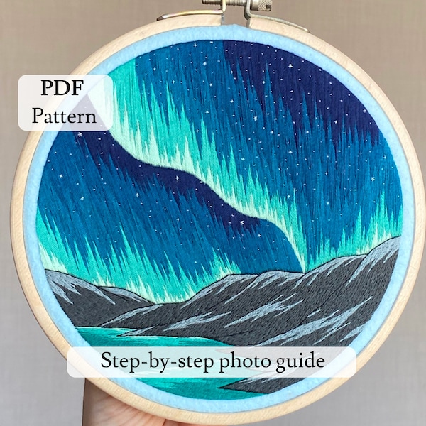 PDF embroidery pattern, embroidered landscape, embroidery art, embroidered aurora borealis, wall decor, northern lights embroidery