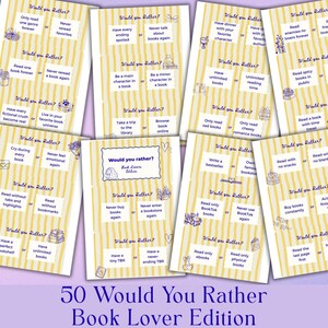 May include: A collection of 50 "Would You Rather?" cards, "Book Lover Edition," with various reading-related scenarios. The cards feature a yellow and white striped background with whimsical illustrations and text in a playful font.