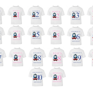 May include: A set of 10 white t-shirts featuring Thomas the Tank Engine designs. Each shirt displays a different number from 1 to 10, along with the birthday text. These shirts are ideal for a birthday celebration.
