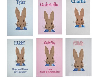 Peter Rabbit Head Personalised Super Soft Fleece Baby Blanket - Choice of blanket colours available at checkout.