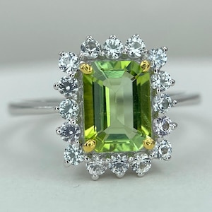 Natural Green Tourmaline Silver ring , 2mm White sapphire Around , 925 Solid Sterling Silver , Tourmaline AAA+ Quality Fine Silver Jewelry