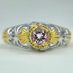 AAAA + morganite naturelle ronde avec saphir rond bague de mariée en argent sterling 925 // beaux bijoux de Noël // bijoux vintage en argent