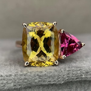Natural Yellow Beryl Cushion & Rubellite Tourmaline Trillion Gemstone Ring , 925 Solid Sterling Silver , AAAA+ Quality , Christmas Gift
