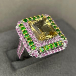 Natural Yellow Beryl Emerald Cut Gemstone Ring// 2mm Tsavorite and Pink Sapphire Around//925 Solid Sterling Silver// Engagement or Gift Ring