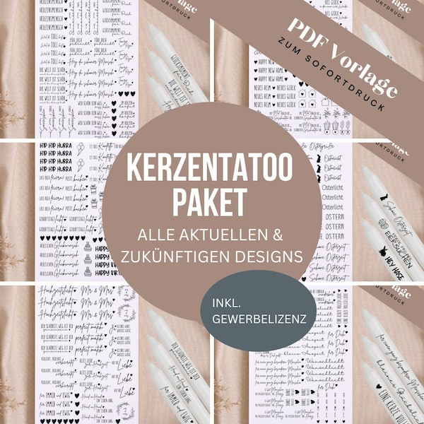 Kerzentattoo Paket PDF Vorlage Kerzentattoo Kerzensticker / Geburtstag, Glück, Ostern, Hochzeit, Liebe, Herzensmensch