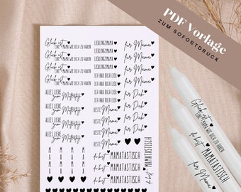 Muttertag PDF Vorlage Kerzentattoo Kerzensticker / Kerzen Mama, Mamatastisch für Mama für Dich Lieblingsmama Beste Mama