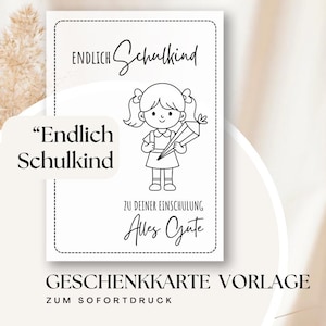 Einschulung Karte zum Ausdrucken – „Endlich Schulkind“ mit Lolli-Halter – Mädchen & Junge – PDF PNG Vorlage