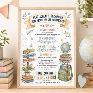 Könnte beinhalten: Ein gerahmtes Poster mit einer Glückwunschbotschaft zum Grundschulabschluss. Das Design enthält Aquarellillustrationen eines Globus, von Büchern, eines Rucksacks, eines Papierfliegers und eines hölzernen Wegweisers mit Text.