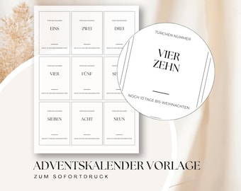 Minimalist Advent Calendar Template with Countdown | Advent Calendar Numbers to Print | Christmas Printable DIY Advent Calendar PDF