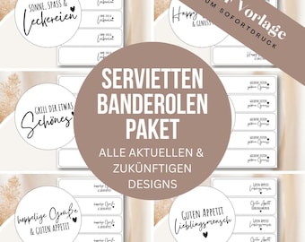 Napkin banderole package PDF template – All current & future designs – Digital download for instant printing – Table decoration, wedding