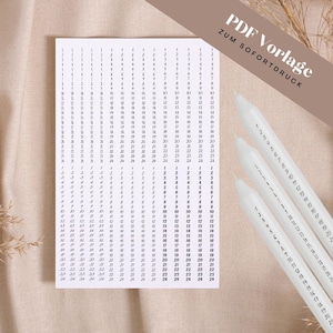 Peut inclure: Une feuille de papier blanche avec des colonnes et des rangées numérotées, et trois bougies blanches avec des chiffres imprimés dessus. Le papier porte le texte "PDF Vorlage ZUM SOFORTDRUCK". Les bougies sont disposées en diagonale.