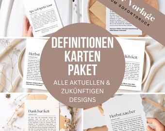 May include: A collage of white cards with text, including "Aperol Spritz Tour" and "Herbst", arranged with dried flowers and stationery. The cards are part of a "Definitionen Karten Paket" with "PDF Vorlage zum Sofortdruck" text.