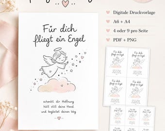 An angel is flying for you | Printable card | Guardian angel encouragement | A6 + A4 printable sheet with 4 & 9 cards | PDF PNG