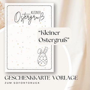 Peut inclure: Un modèle de carte cadeau imprimable blanc avec une illustration de lapin de Pâques noir et blanc et le texte "Kleiner Ostergruß" en allemand. Le texte "Geschenkkarte Vorlage zum Sofortdruck" est également inclus.