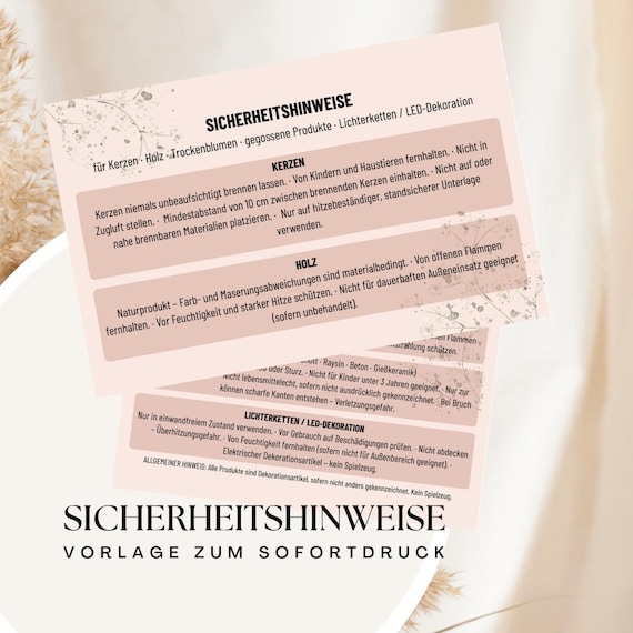Sicherheitshinweise Vorlage | Kerzen Sicherheit | DIY Produkt Hinweise | Download Printable für Handmade Shops | Kerzen, Holz, Trockenblumen