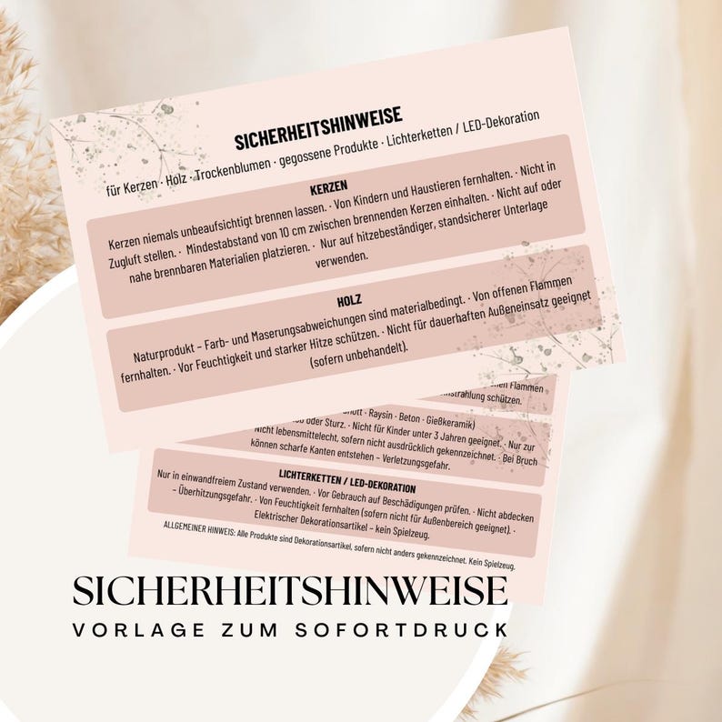Printable Sicherheits­hinweise Vorlage für Handmade Produkte mit Kerzen, Holz und DIY Artikeln