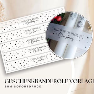 Geschenkbanderole „Believe in the Magic of Christmas“ – English Christmas Printable – Sterne Design – DIY Gift Wrap zum Sofortdruck