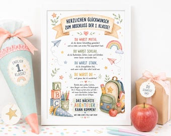 Abschluss 1. Klasse Geschenk A4 | Herzlichen Glückwunsch zur 1. Klasse | Digital Download Einschulung Schuljahr Zeugnis Geschenk Kind