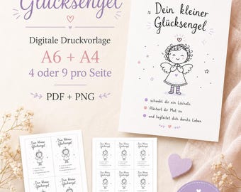 Dein kleiner Glücksengel Karte zum Ausdrucken | Mutmacher & Schutzengel | A6 + A4 mit 4 oder 9 Karten | PDF PNG Download