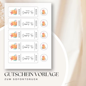 May include: A sheet of printable gift certificate templates. The design features watercolor illustrations of shopping bags with floral accents. The text includes "GUTSCHEIN" and "FÜR EINEN Shopping Tag". The bottom of the sheet reads "GUTSCHEIN VORLAGE ZUM SOFORTDRUCK".