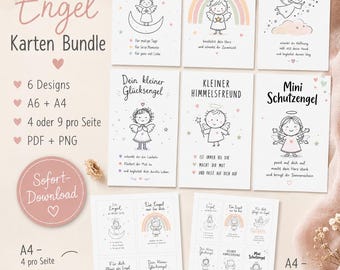 Guardian Angel Card Bundle for Printing | 6 Encouragement Cards | A6 & A4 with 4 or 9 Cards | PDF PNG Download