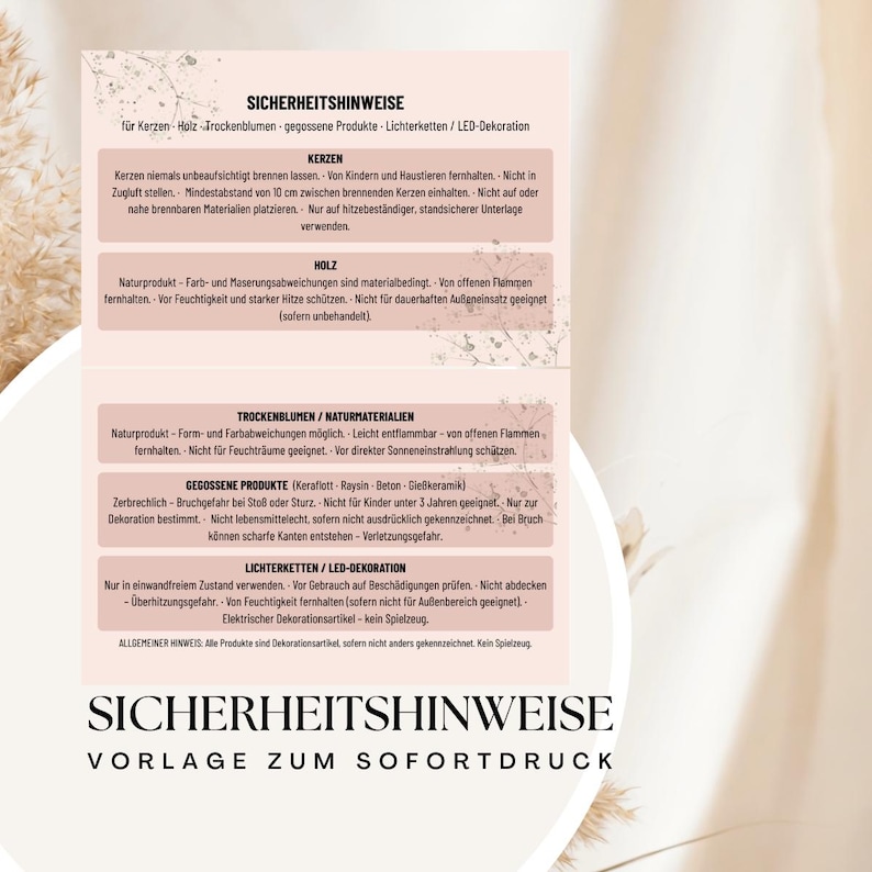 Elegante Sicherheits­hinweise Karte zum Ausdrucken für Etsy Handmade Verkäufer