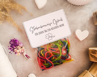Op de afbeelding: Een doorzichtige zak gevuld met kleurrijke elastiekjes, vergezeld van een witte kaart met scripttekst en een klaverbladillustratie. Een klein boeketje droogbloemen en een hartvormige decoratie zijn ook aanwezig.