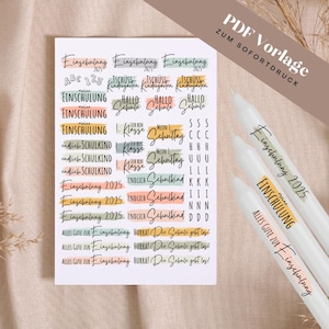 May include: A white sheet with various colorful text stickers for school, including phrases like "Einschulung 2025" and "Hallo Schule." Also, white candles with similar text are visible.