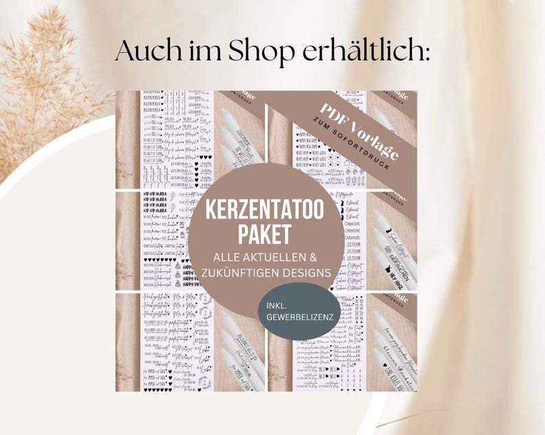 May include: A product image featuring a collection of candle tattoo designs. The image includes text that reads "PDF Vorlage zum Sofortdruck" and "KERZENTATOO PAKET". The designs are displayed on a light-colored background.