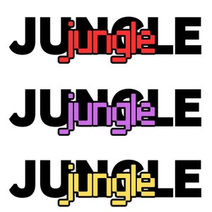 May include: The word "JUNGLE" is written in black with the word "jungle" written in red, purple, and yellow underneath.