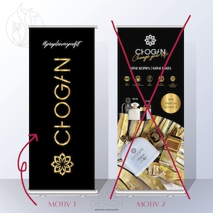 May include: Two black and gold roll-up banners with the text "CHOGAN" and the tagline "Change your life". The banner on the left has a simple design with the brand name and a floral logo. The banner on the right features a bottle of perfume and the text "30% Parfum Extract".