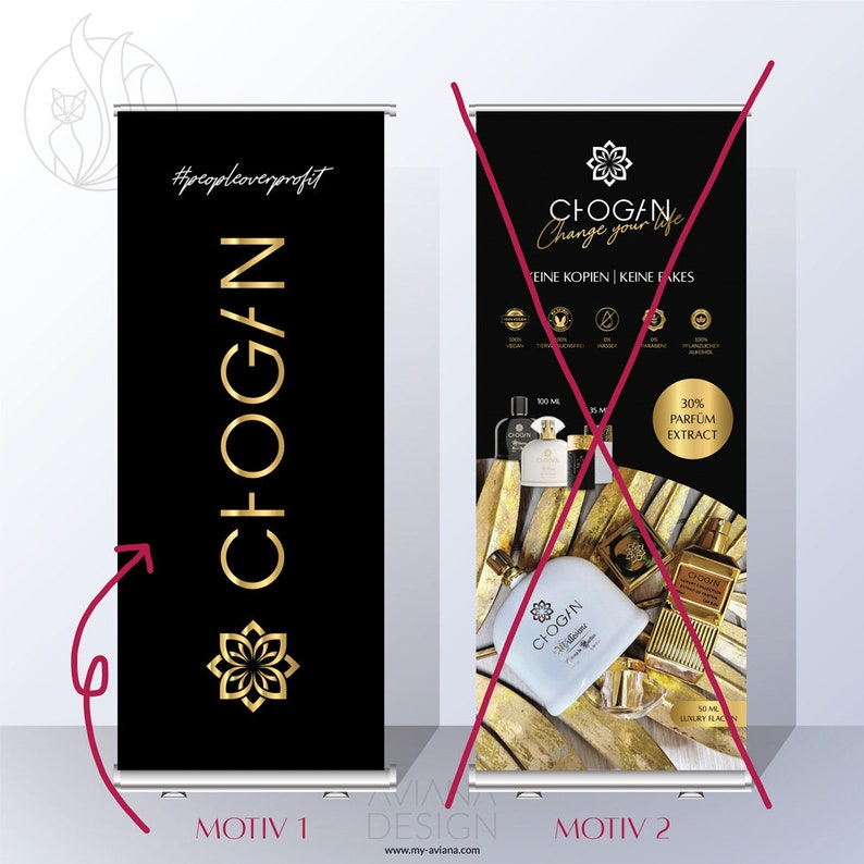 May include: Two black and gold roll-up banners with the text "CHOGAN" and the tagline "Change your life". The banner on the left has a simple design with the brand name and a floral logo. The banner on the right features a bottle of perfume and the text "30% Parfum Extract".