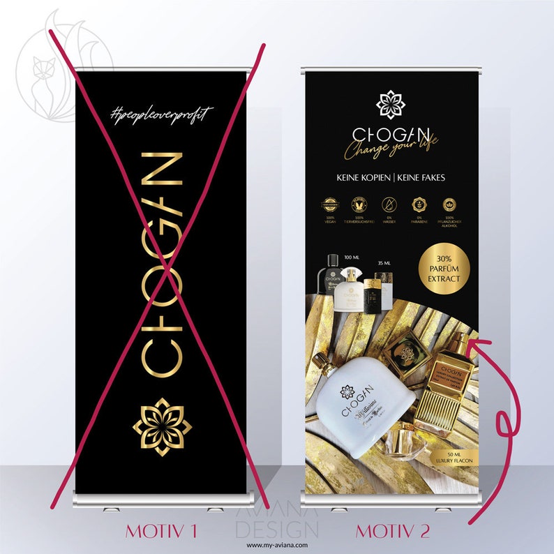 May include: Two black retractable banner stands with gold text and graphics. The left banner has the text "#peopleoverprofit" and "CHOGAN" in a diagonal, overlapping design. The right banner has the text "CHOGAN Change your life" and "KEINE KOPIEN | KEINE FAKES". The banner also features a gold flower design, a bottle of perfume, and the text "30% PARFUM EXTRACT".