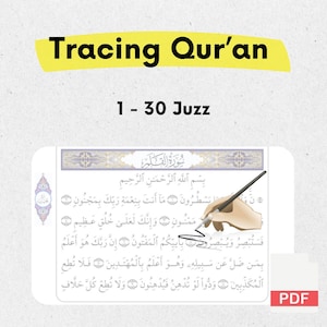 Pode incluir: Uma folha de trabalho de traçado para aprender a escrever a escrita árabe. A folha de trabalho apresenta uma página do Corão com uma mão segurando uma caneta sobre o texto. O texto diz "Surat Al-Qalam" e "Bismillah ar-Rahman ar-Rahim". A folha de trabalho está etiquetada como "Tracing Qur'an 1-30 Juzz" e "PDF".