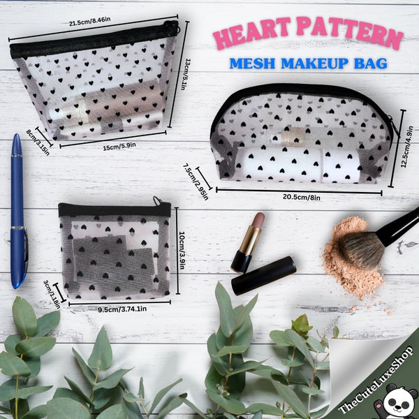 3 pcs Heart Pattern Mesh Makeup Cosmetic Storage Bag | Perfect for Travel Office Supplies Toiletry Bag | Organizer Bag with zipper