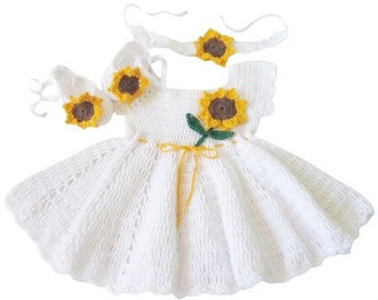 Crochet White Baby Dress, shoes, headband whit Sunflower, Baby Shower dress newborn girl outfit