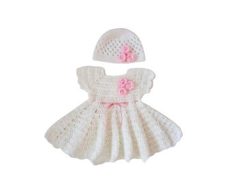 Crochet White Baby Dress hat set whit roses, Baby Shower outfit, Coming home girl