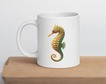 White glossy mug with seahorse