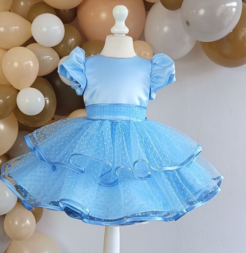 Light Blue Tulle Cloud. Flauer Girls Dress. Baby Wedding Dress. Photo