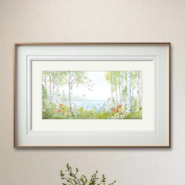 Tranquil Beauty of Finland: Watercolor painting Depicting Birches, Lake, Fisherman, and Flower. Downloadable printable AI art.