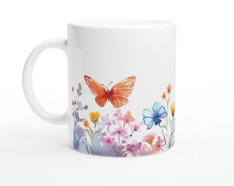 White 3 dl Ceramic Mug with painting of summer flowers, butterflies