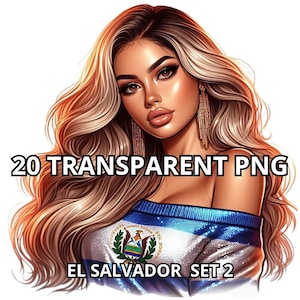 Peut inclure: Illustration numérique d'une femme aux longs cheveux blonds ondulés et aux boucles d'oreilles dorées. Elle porte un haut bleu et blanc avec les armoiries du Salvador. Le texte indique "20 TRANSPARENT PNG" et "EL SALVADOR SET 2".