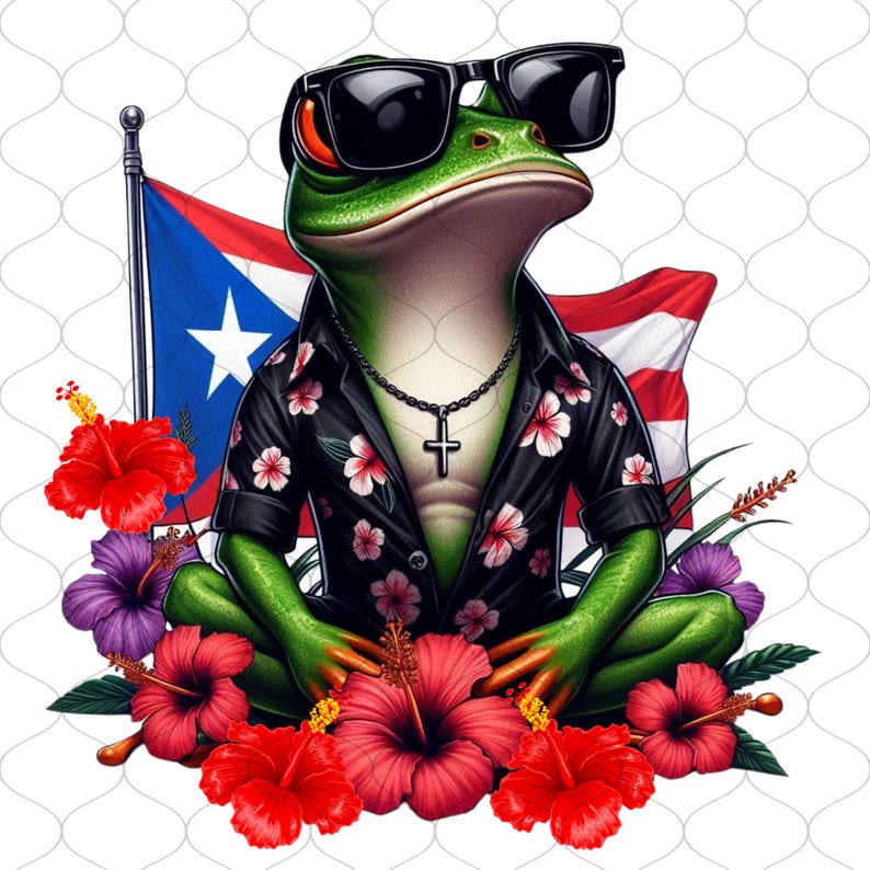 May include: A green frog wearing sunglasses and a black and white floral shirt sits cross-legged with a Puerto Rican flag behind it. The frog is surrounded by red hibiscus flowers.