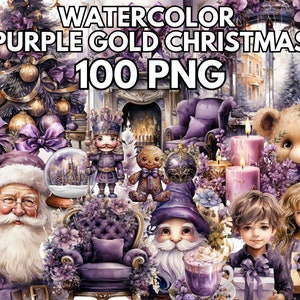 Aquarel paars goud Kerstmis, 100 PNG, Kerstmis PNG clipart bundel, winter clipart, kerstboom PNG, magische gezellige tijd, paarse kerst