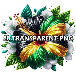 May include: A vibrant floral design featuring a hibiscus flower in the colors of the Jamaican flag: black, green, and gold. White flowers and green leaves surround the central flower. The text "20 TRANSPARENT PNG" is displayed.