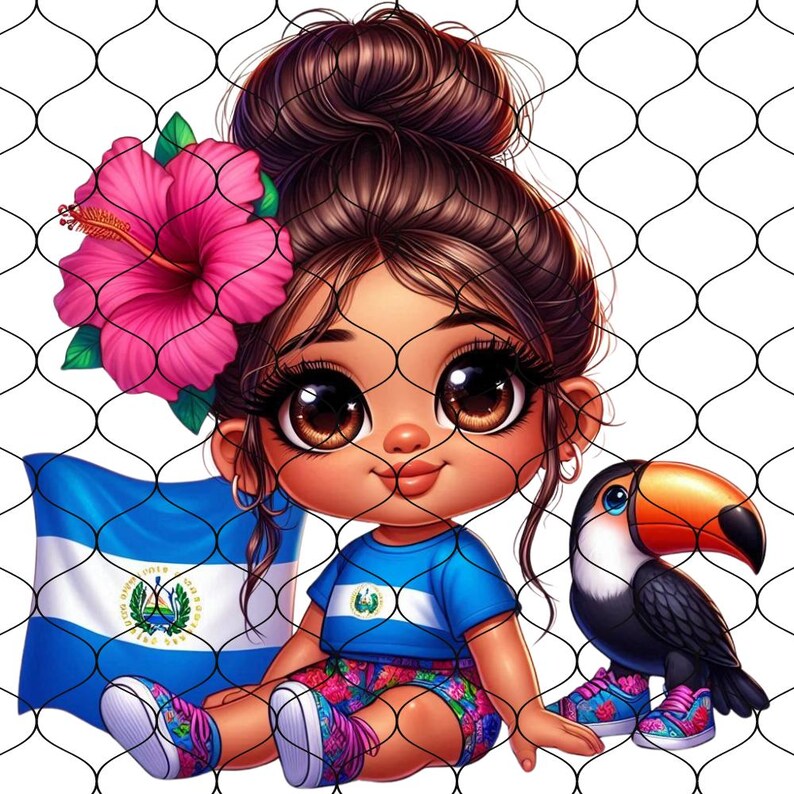 Puede incluir: Una ilustraci&oacute;n de dibujos animados de una ni&ntilde;a con cabello casta&ntilde;o y ojos grandes que lleva una camisa azul con la bandera de El Salvador. Est&aacute; sentada con un tuc&aacute;n y una flor de hibisco rosa detr&aacute;s de ella.