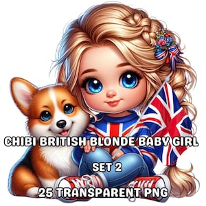 25 Cute Chibi British Blonde Baby Girl Set 2, Chibi Girl Png, Chibi Dolls Png, Chibi Britânico, Chibi do Reino Unido, London Girl,Cute British Girl,UK Png