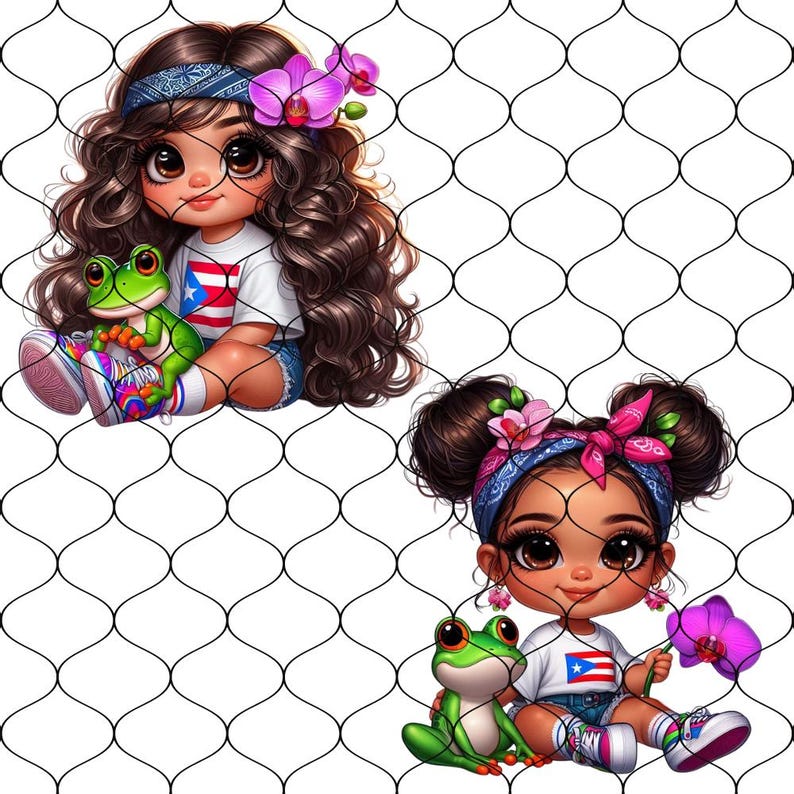 May include: Two cartoon girls with brown hair wearing bandanas and denim shorts. Both girls are holding green frogs and flowers. One girl is wearing a white shirt with a Puerto Rican flag design. The other girl is wearing a white shirt with a Puerto Rican flag design and a blue bandana.